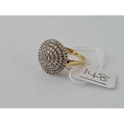 148 - A ATTRACTIVE MULTI DIAMOND GOLD BOMBE RING ( ONE CARAT OF DIAMONDS ) 18CT GOLD SIZE R - 6.2 GMS