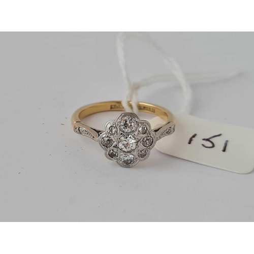 151 - ANTIQUE EDWARDIAN FANCY DIAMOND SET DAISY CLUSTER RING WITH DIA SET SHOULDERS IN 18ct & PLATINUM (ma... 