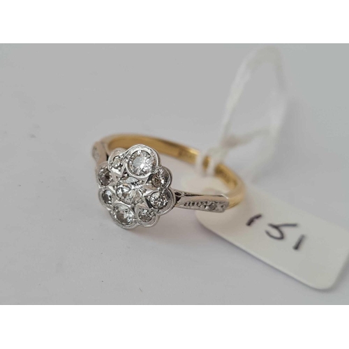 151 - ANTIQUE EDWARDIAN FANCY DIAMOND SET DAISY CLUSTER RING WITH DIA SET SHOULDERS IN 18ct & PLATINUM (ma... 