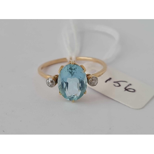 156 - ANTIQUE EDWARDIAN AQUAMARINE AND DIAMOND 3/S RING, AQUAMARING MEASURES  8 X 11 mm. SIZE R