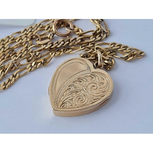 163 - A scroll engraved heart locket on Figaro link chain 14 inches 9ct - 6.5 gms