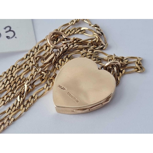 163 - A scroll engraved heart locket on Figaro link chain 14 inches 9ct - 6.5 gms