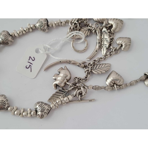 215 - Silver 3 row bracelet with elephants, hearts & leaf charms