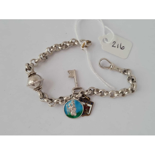 216 - Silver bracelet with 2  enamelled  charms and a key charm