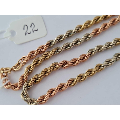 22 - A three colour rope link neck chain 9ct 16 inches - 8.3 gms