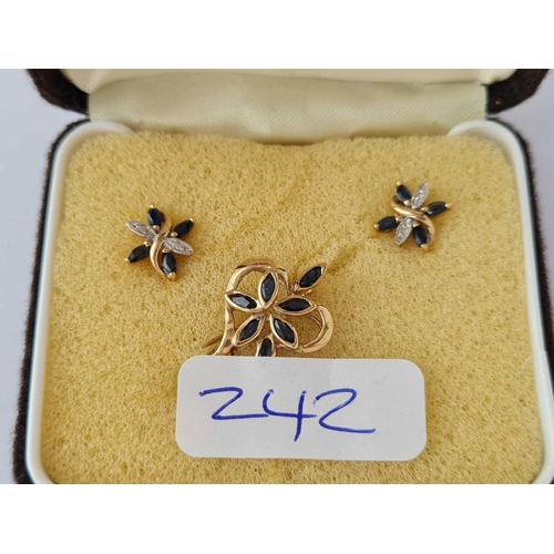 242 - A boxed gold sapphire and diamond earrings with matching brooch 9ct