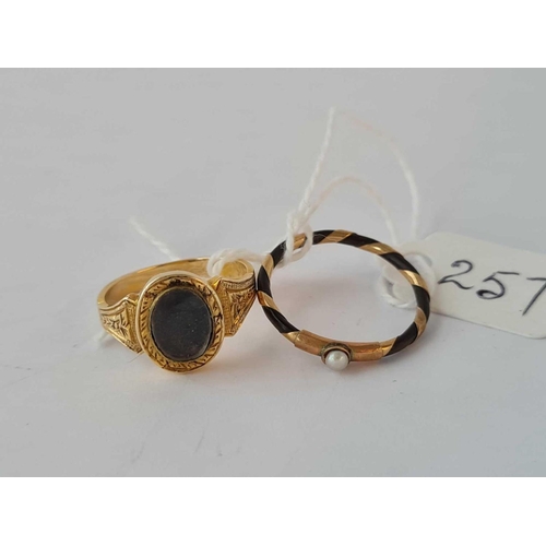 257 - A 19th century high carat memorial ring and gold and pearl set memorial ring sizes K & N