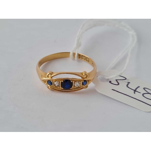 348 - A good five stone boat shaped sapphire and diamond ring 18ct gold size R - 2 gms