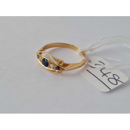 348 - A good five stone boat shaped sapphire and diamond ring 18ct gold size R - 2 gms