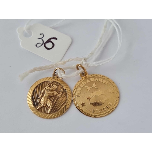 36 - Two 9ct pendants (Pisces/ St Christopher ) - 3.6 gms