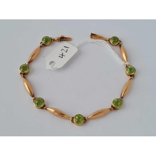 421 - ANTIQUE VICTORIAN 15CT STAMPED BRACELET SET WITH PERIDOTS, LENGTH 187MM.