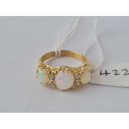 422 - GOOD QUALITY LARGE ANTIQUE VICTORIAN OPAL 3/S AND DIAMOND SET CARVED ½ HOOP RING, SIZE O