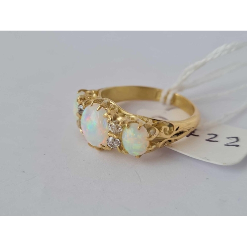 422 - GOOD QUALITY LARGE ANTIQUE VICTORIAN OPAL 3/S AND DIAMOND SET CARVED ½ HOOP RING, SIZE O