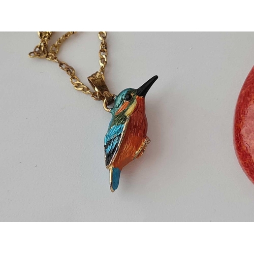 448 - A oval citrine brooch and a enamel king fisher pendant necklace and oval pendant