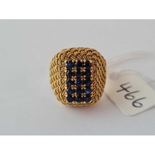 466 - A FINE HAND CRAFTED FIFTEEN STONE SAPPHIRE RING IN BASKET WEAVE DESIGN 18CT GOLD SIZE R - 8.2 GMS