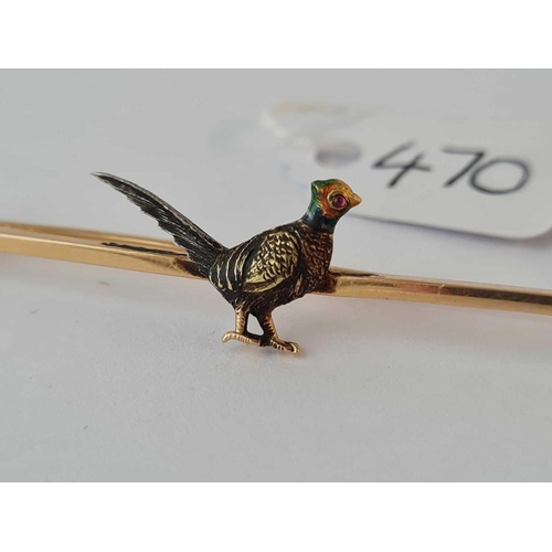 470 - An early Victorian attractive bar brooch with gold and enamel pheasant with ruby eye 15ct gold - 4.6... 