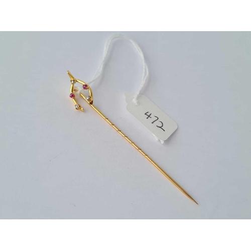 472 - A ruby and diamond set stick pin 15ct gold - 1.3 gms