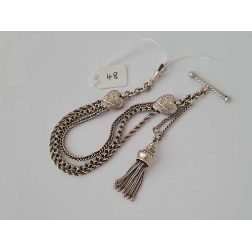 48 - Antique Victorian silver Albertina double heart design with 3 chains and tassel.