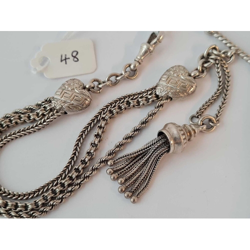 48 - Antique Victorian silver Albertina double heart design with 3 chains and tassel.
