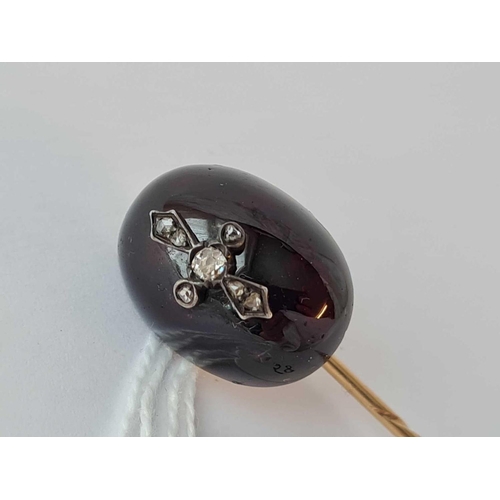 58 - A large Victorian cabochon garnet and diamond stick pin 15ct gold - 8.5 gms