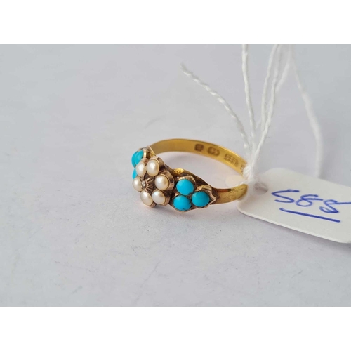 585 - A Victorian pearl diamond and turquoise ring 15 ct gold size l