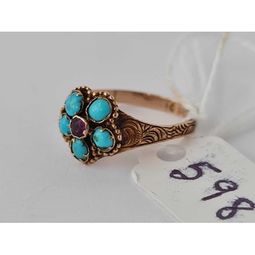 598 - A antique turquoise and garnet cluster ring set in gold size M 1/2