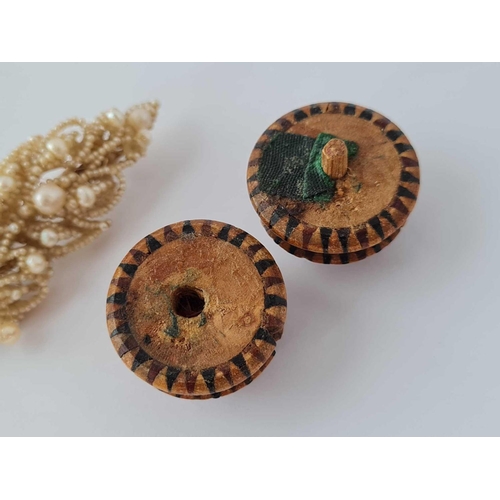 643 - A antique seed pearl brooch and treen pin cushion