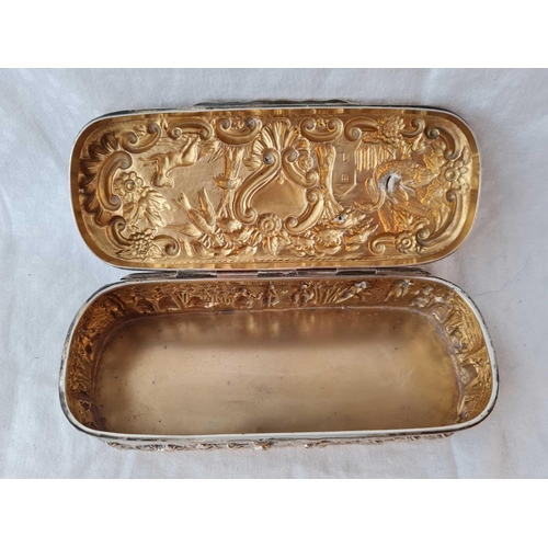 663 - A Dutch box with rounded ends and hinged cover embossed with figures, 6