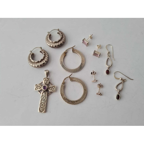 94 - Six pairs silver earrings and a cross