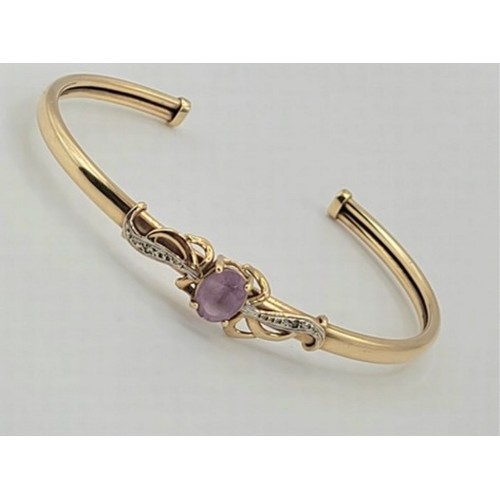 195 - 9ct gold amethyst & diamond bracelet bangle , 8g