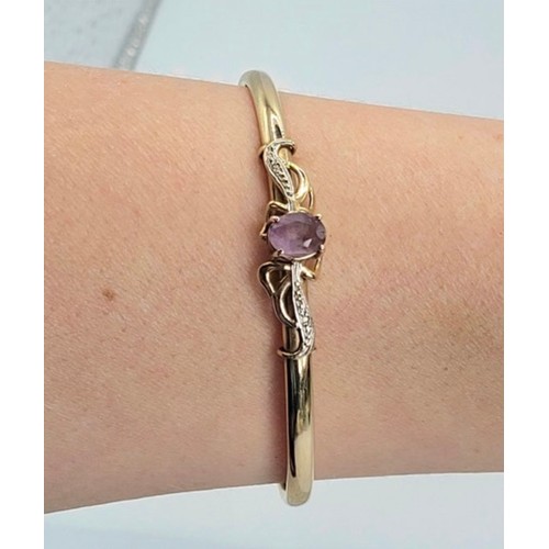 195 - 9ct gold amethyst & diamond bracelet bangle , 8g