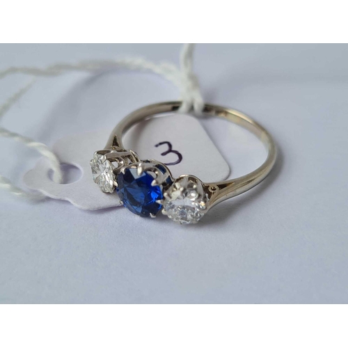 143 - ANTIQUE SAPPHIRE & DIAMOND 3/S RING IN 18CT & PLAT (MARKED IN SHANK) CENTRE SAPPH WEIGHT 0.70ct, SIZ... 