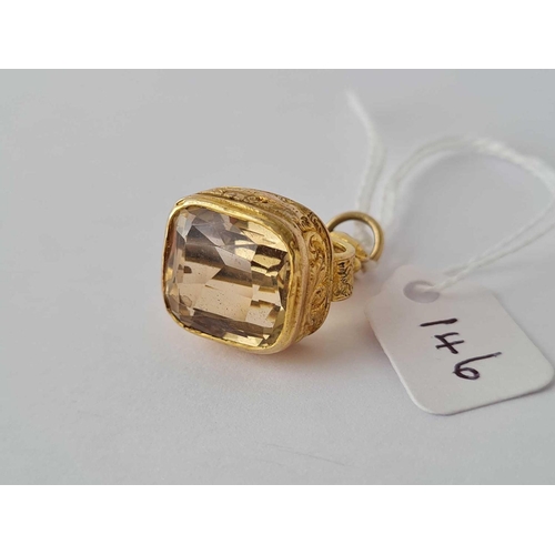 146 - Antique Lion mounted seal set with a citrine in 9ct gold, hallmarked for 1919.