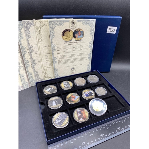 1553 - Seven gilt and enamel crown size coins 1951/3 crowns etc (11)