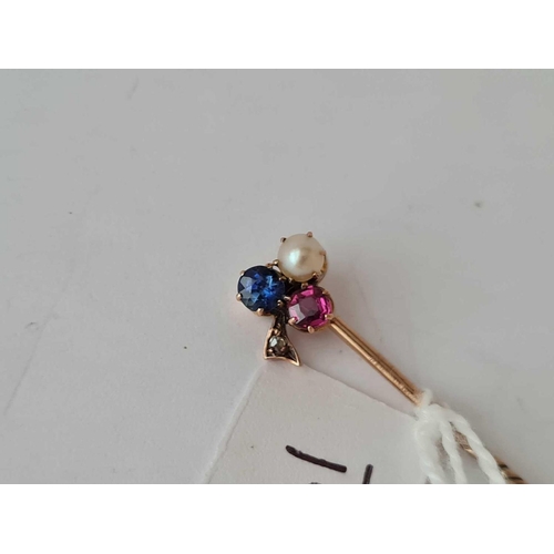 161 - A sapphire ruby diamond and pearl trefoil mounted stick pin set in high carat gold � 1.3 gms