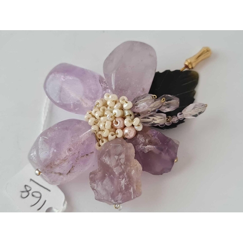 168 - A large amethyst jade and seed pearl bead brooch/pin etc.