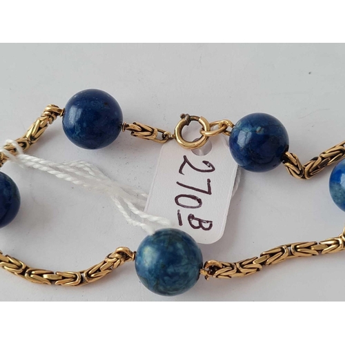 270b - A heavy byzantine link gold lapis lazuli bracelet 9ct