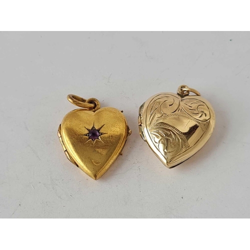 410 - A Edwardian yellow metal heart locket with amethyst and 9ct back and front heart locket