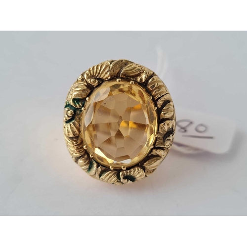 80 - A large heavy embossed 9ct citrine dress ring size L 25.5g inc