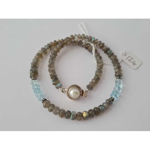 124 - A labradorite and aquamarine faceted necklace with silver and pearl clasp