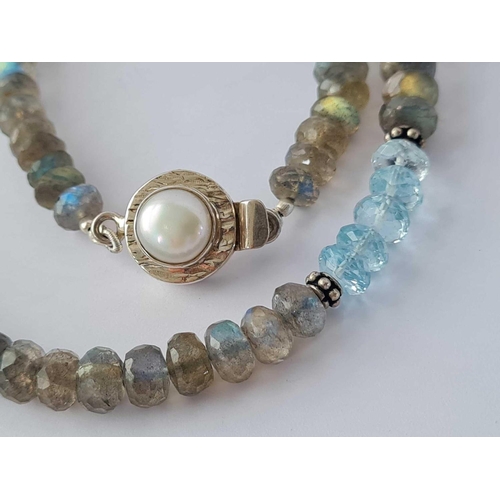 124 - A labradorite and aquamarine faceted necklace with silver and pearl clasp