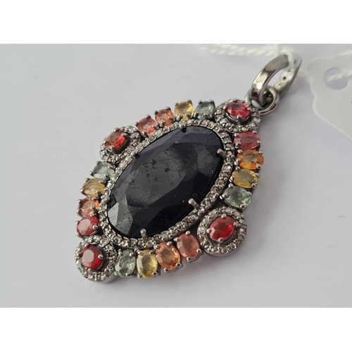 126 - A STUNNING LARGE SAPPHIRE (8ct) AND DIAMOND PENDANT WITH A VARIETY OF COLOURED SAPPHIRES inc Padpara... 