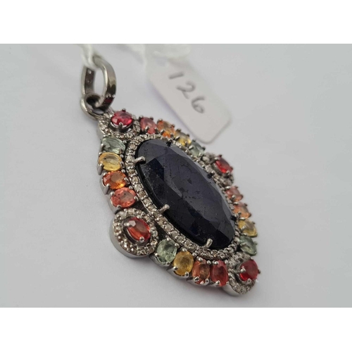 126 - A STUNNING LARGE SAPPHIRE (8ct) AND DIAMOND PENDANT WITH A VARIETY OF COLOURED SAPPHIRES inc Padpara... 