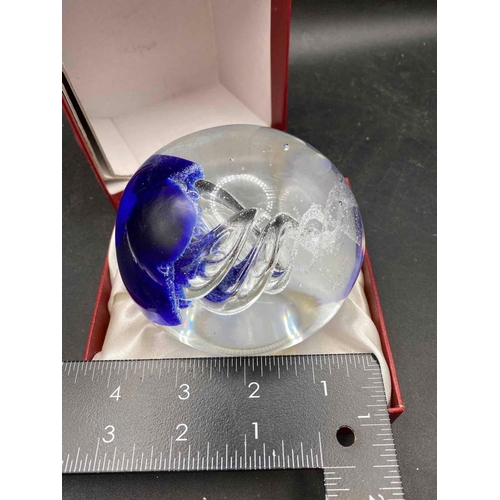 1756 - A large blue ground glass paper weight and a Royal crest paper weight boxed