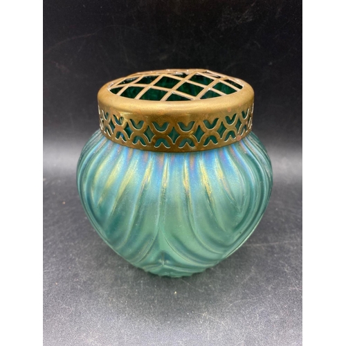 1757 - An Art Nouveau green glass flower holder with brass grill, 4.5” high