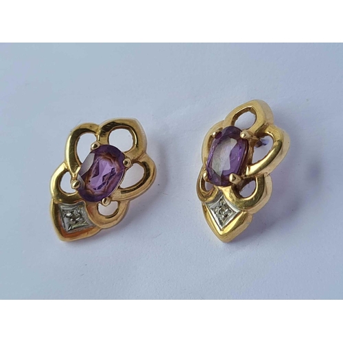 179 - A pair of amethyst and diamond earrings 9ct  1.9 gms