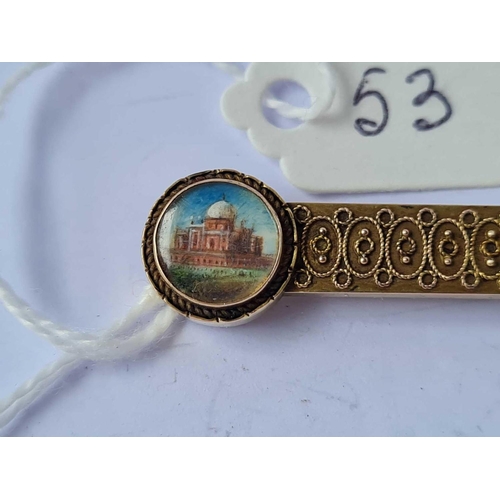 53 - A Victorian 15ct gold brooch in set two x hand painted miniatures of Indian palaces  3.7 gms