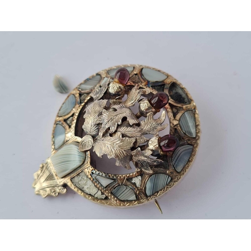 64 - Victorian large 7cm Scottish hardstone silver brooch with cabochon amethyst thistle design 43.2g