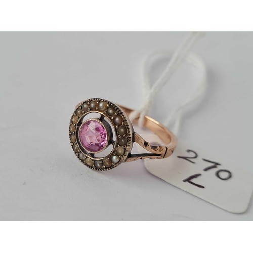 122 - An early pink tourmaline and pearl cluster ring set in gold size M, 2.4 g