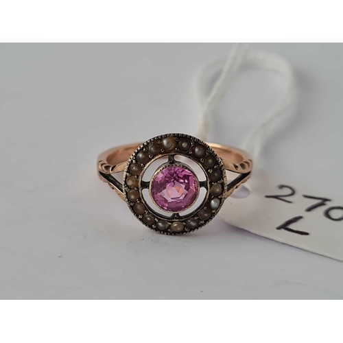 122 - An early pink tourmaline and pearl cluster ring set in gold size M, 2.4 g